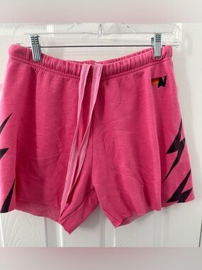 Aviator Nation Cut Off Sweatpants Shorts Pink with Lightning Bolt L